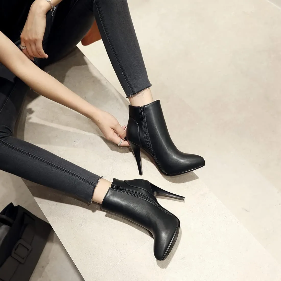 VOKLIN Women's Fashion Pointed Toe Stilettos High Heel Ankle Boots Side Zipper Elegant Dressy Short Booties