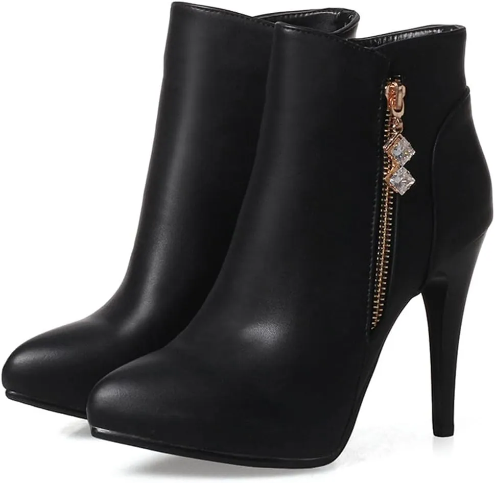 VOKLIN Women's Fashion Pointed Toe Stilettos High Heel Ankle Boots Side Zipper Elegant Dressy Short Booties