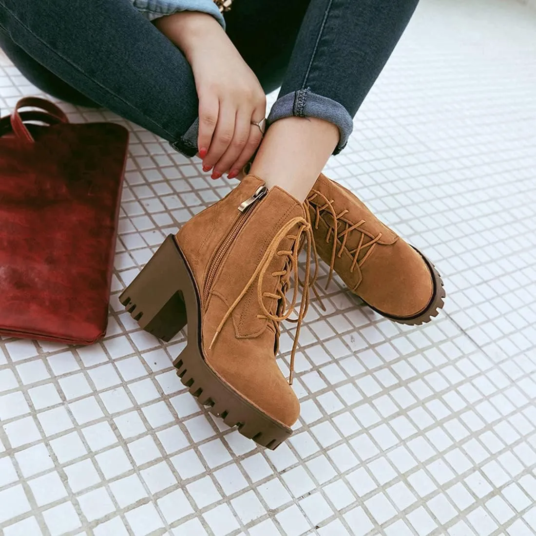 VOKLIN Women's Round Toe Platform Dressy Ankle Boots Lace Up Chunky Block High Heels Dressy Short Booties