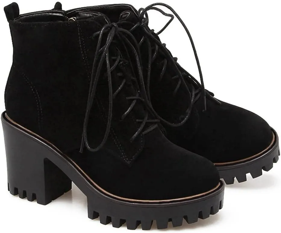 VOKLIN Women's Round Toe Platform Dressy Ankle Boots Lace Up Chunky Block High Heels Dressy Short Booties