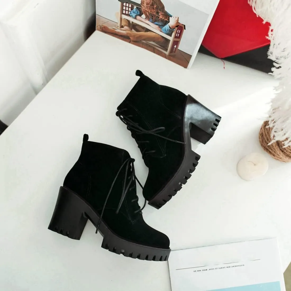 VOKLIN Women's Round Toe Platform Dressy Ankle Boots Lace Up Chunky Block High Heels Dressy Short Booties