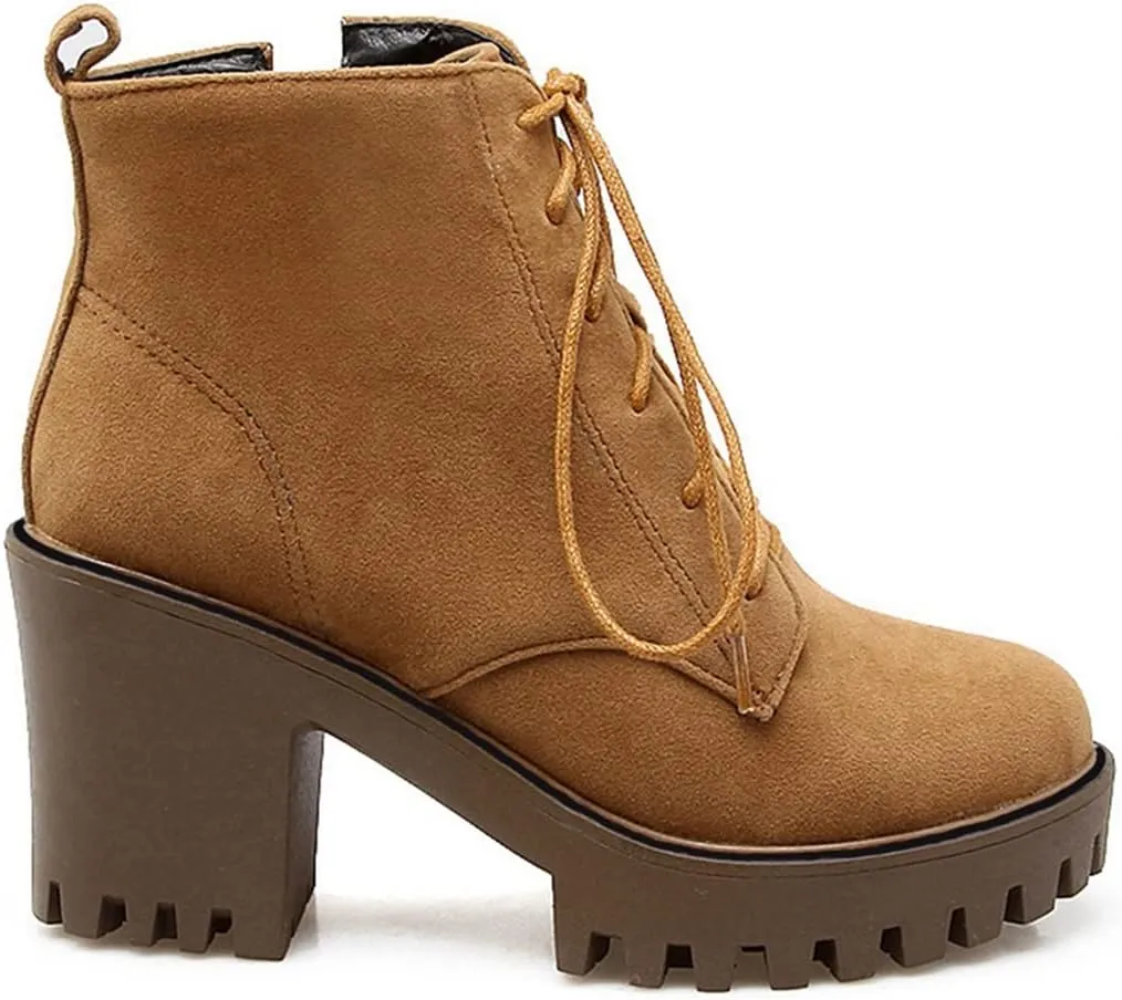 VOKLIN Women's Round Toe Platform Dressy Ankle Boots Lace Up Chunky Block High Heels Dressy Short Booties