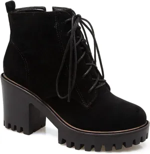 VOKLIN Women's Round Toe Platform Dressy Ankle Boots Lace Up Chunky Block High Heels Dressy Short Booties