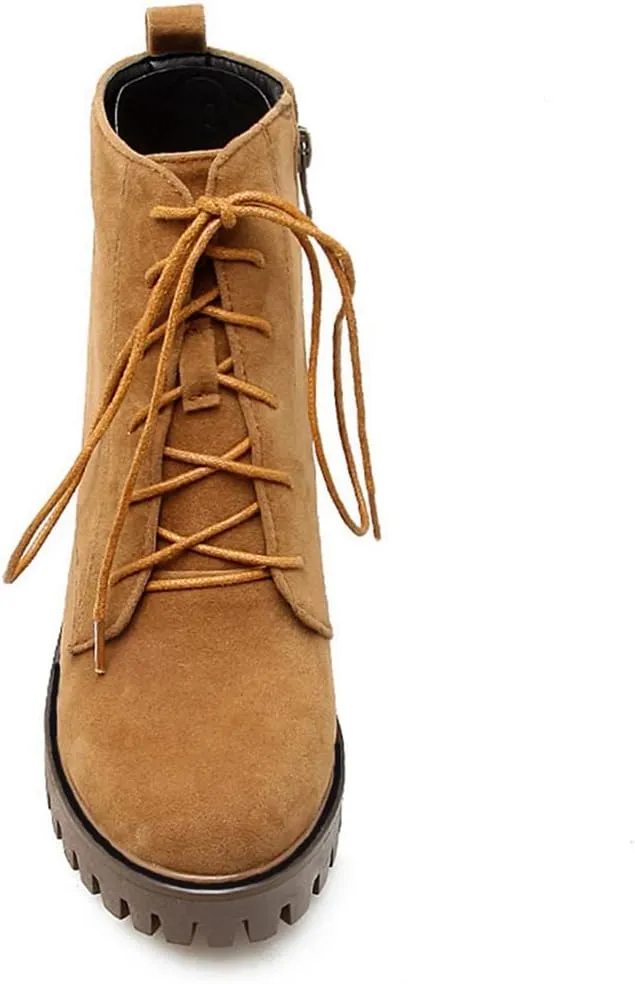 VOKLIN Women's Round Toe Platform Dressy Ankle Boots Lace Up Chunky Block High Heels Dressy Short Booties