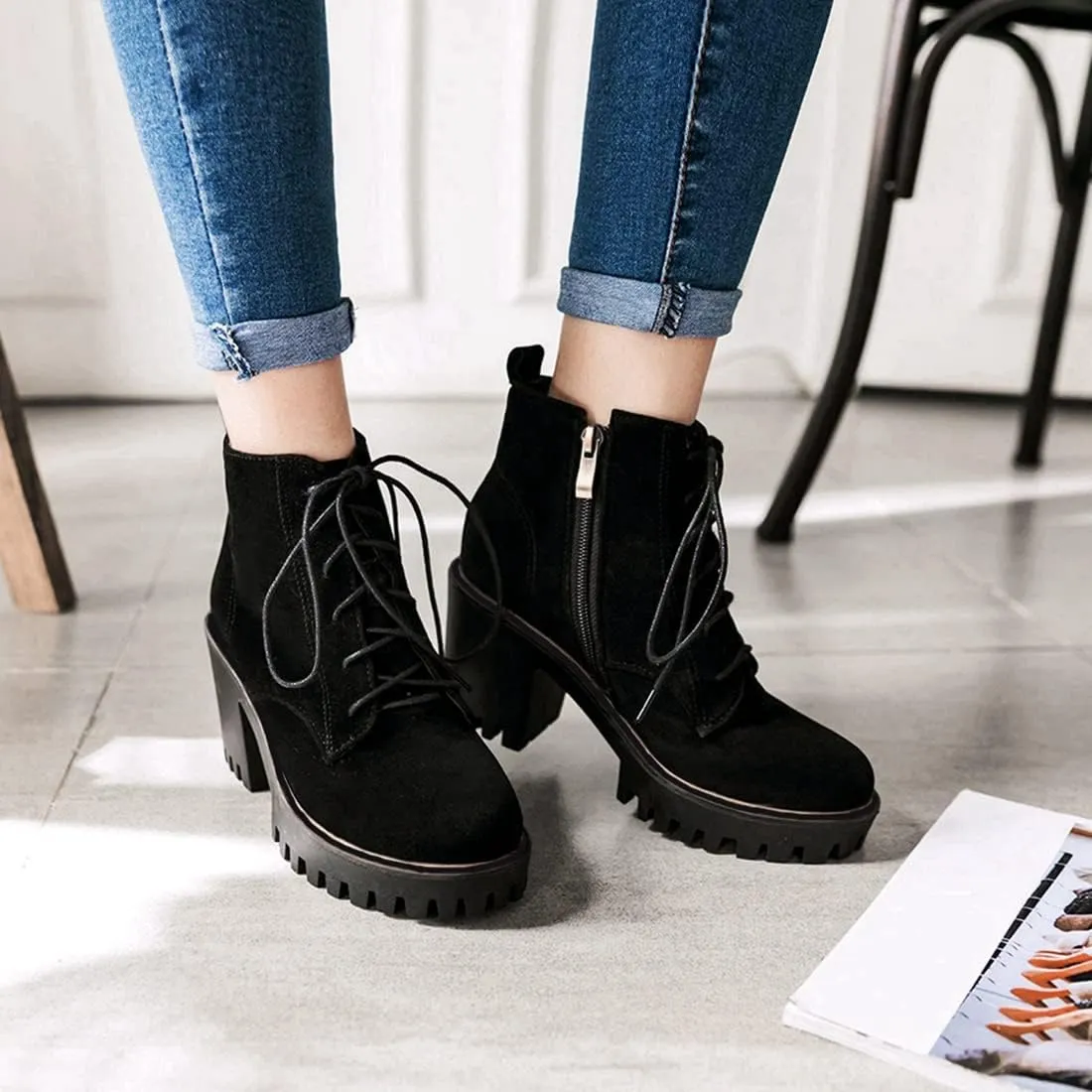 VOKLIN Women's Round Toe Platform Dressy Ankle Boots Lace Up Chunky Block High Heels Dressy Short Booties