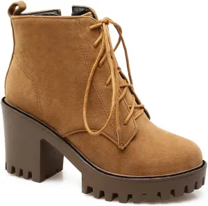 VOKLIN Women's Round Toe Platform Dressy Ankle Boots Lace Up Chunky Block High Heels Dressy Short Booties