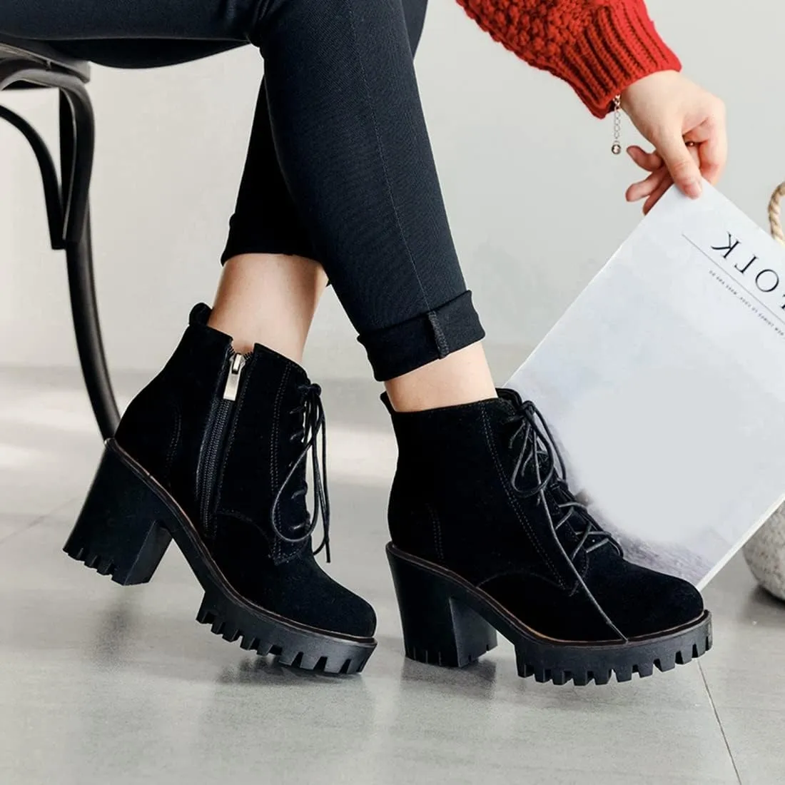VOKLIN Women's Round Toe Platform Dressy Ankle Boots Lace Up Chunky Block High Heels Dressy Short Booties