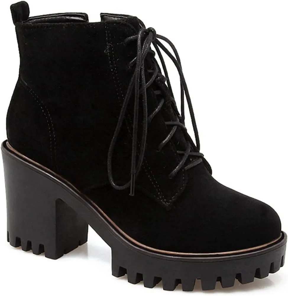 VOKLIN Women's Round Toe Platform Dressy Ankle Boots Lace Up Chunky Block High Heels Dressy Short Booties