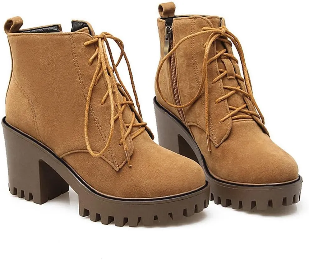 VOKLIN Women's Round Toe Platform Dressy Ankle Boots Lace Up Chunky Block High Heels Dressy Short Booties