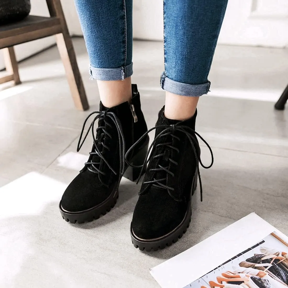 VOKLIN Women's Round Toe Platform Dressy Ankle Boots Lace Up Chunky Block High Heels Dressy Short Booties