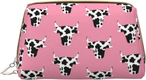 VOSERY Makeup Bag, Cosmetic Bags Travel Toiletry Bag for Women, Large Capacity Makeup Bag Organizer, Artistic Cartoon Cow Print Head Make up Bag, Cute Makeup Pouch, Waterproof Leather Makeup Case
