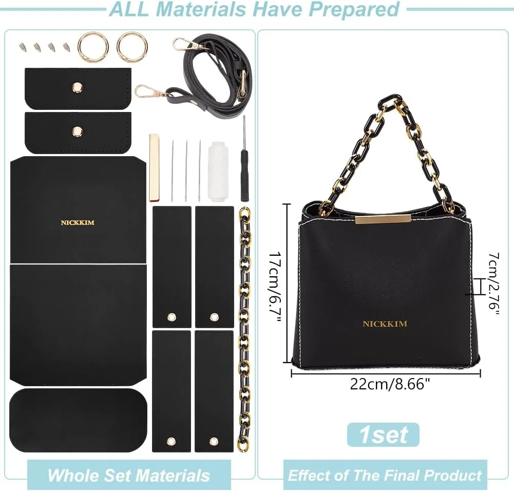 WADORN PU Leather Tote Bag Making Kit, PU Leather Crossbody Bag Handbag Purse Sew on Making Kit Handmade Fashionable Satchel Sewing Supplies for Valentine's Day Christmas, 8.6x2.7x6.6 Inch (Black)