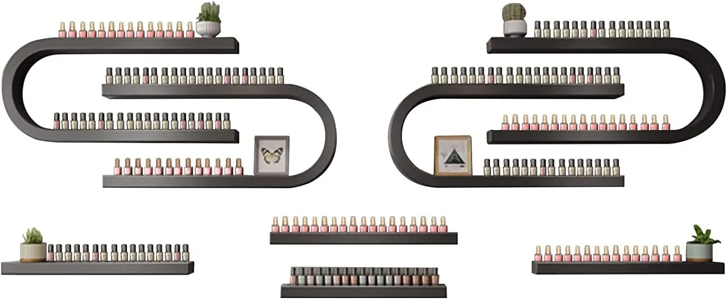 Wall Mounted Shelf for Nail Polish and Perfume, U-Shaped Essential Oil Storage Rack, Multifunctional Beauty Organizer for Salon and Nail Shops, 8-Piece Set, Black