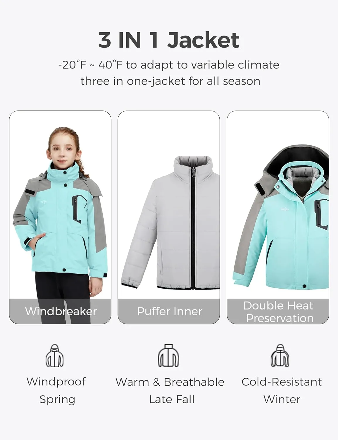 wantdo Girl's Ski Jacket Warm 3 in 1 Winter Coat Fleece Lined Snow Coat