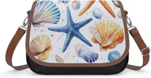Watercolor Starfish And Seashell Crossbody Bag Leather Crossbody Bag