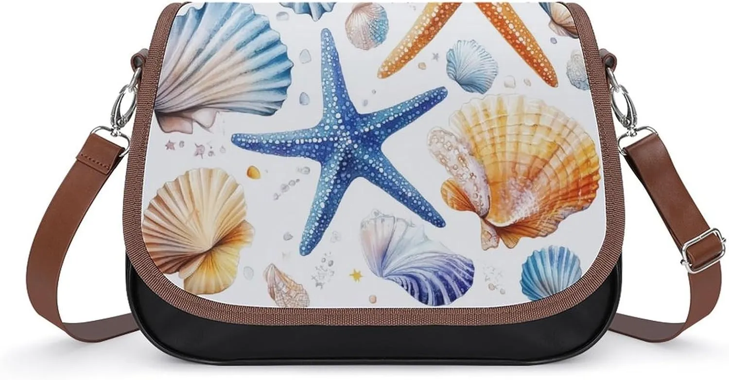 Watercolor Starfish And Seashell Crossbody Bag Leather Crossbody Bag