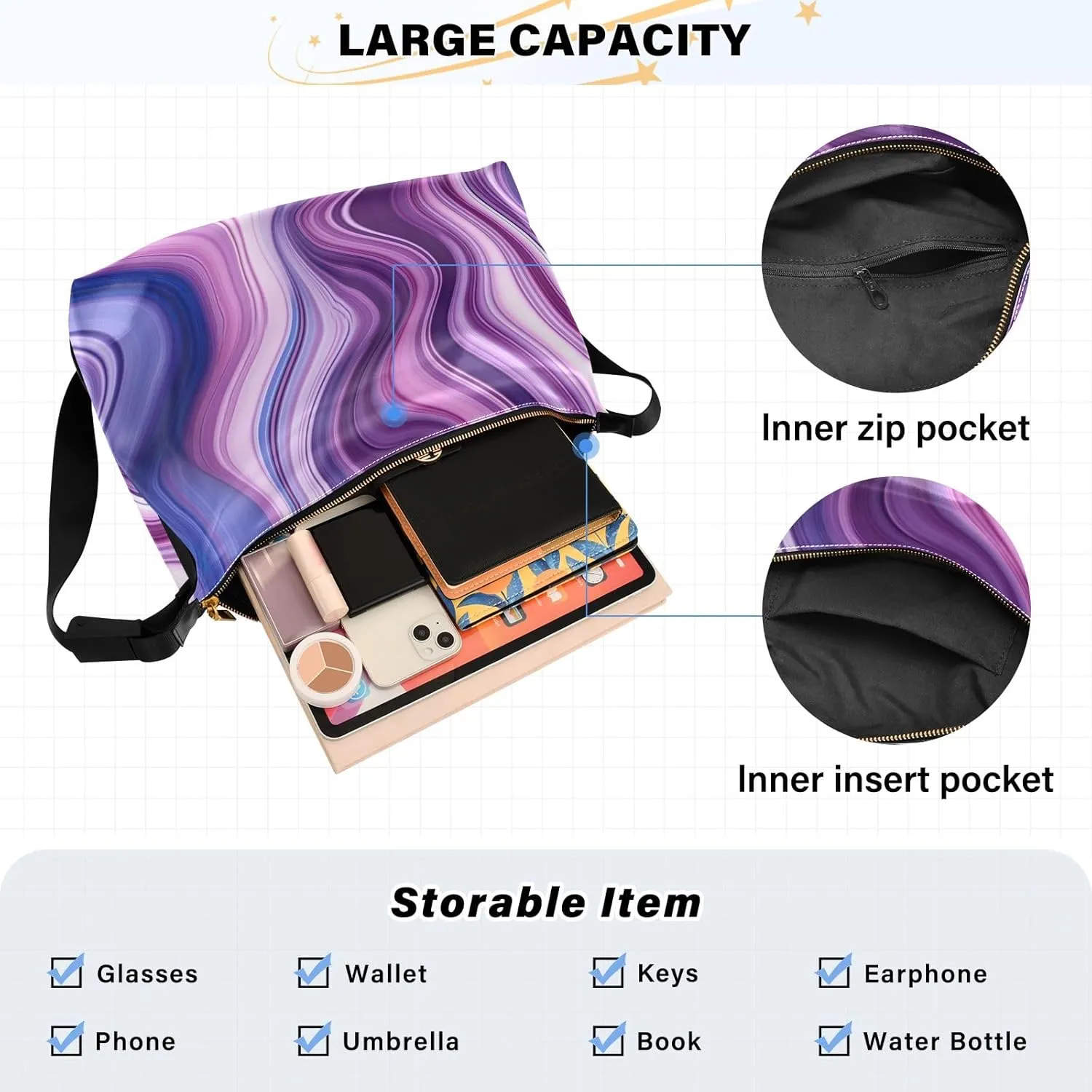 Watercolor Tree and Stars Leather Crossbody Bag, Lightweight Shoulder Hobo Bag, Lady Leather Bag