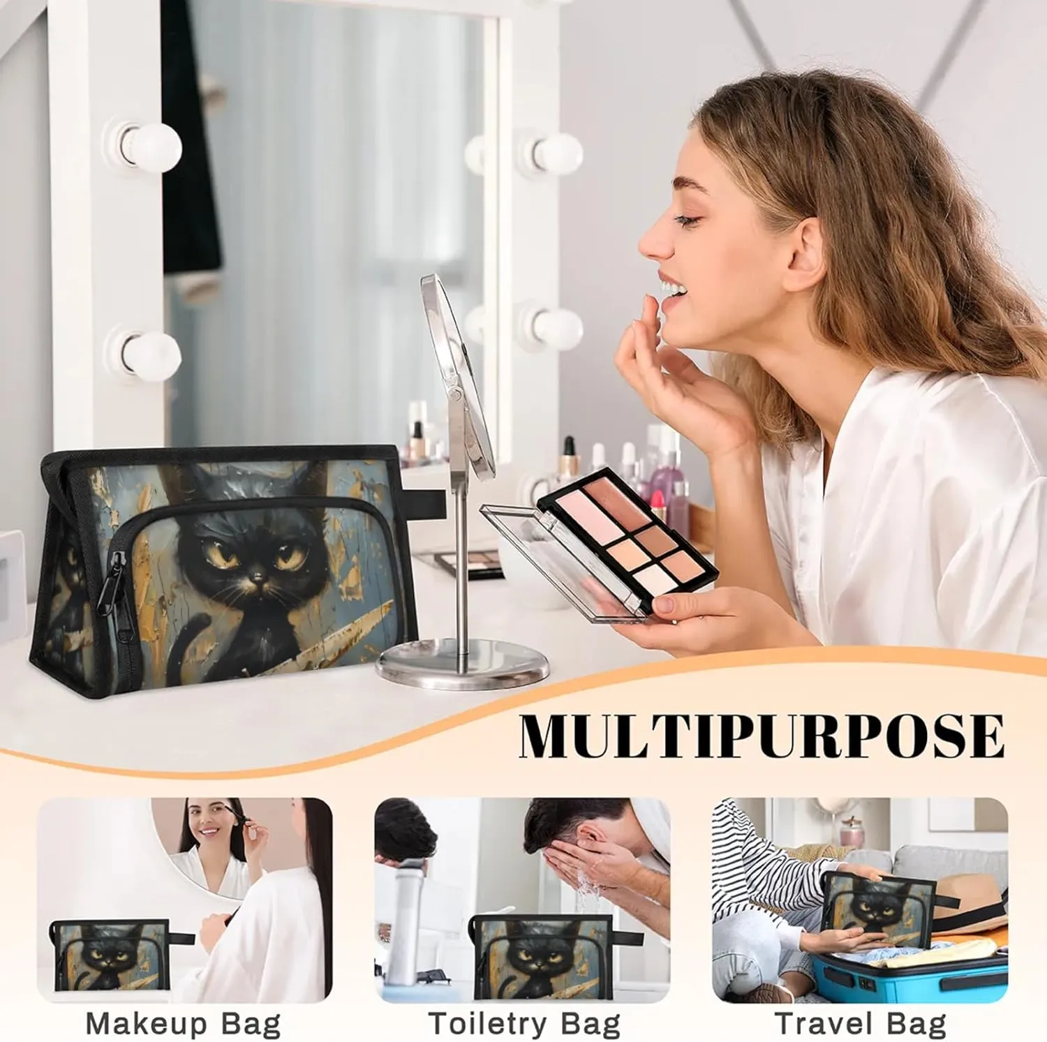 Waterproof Cosmetic Bags for Women Angry Cat Makeup Organizer Toiletry Bag with Zipper Pockets, Travel Makeup Bag for Business, Beach & Gym
