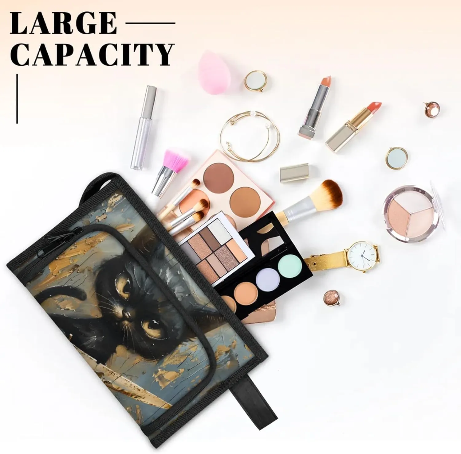 Waterproof Cosmetic Bags for Women Angry Cat Makeup Organizer Toiletry Bag with Zipper Pockets, Travel Makeup Bag for Business, Beach & Gym