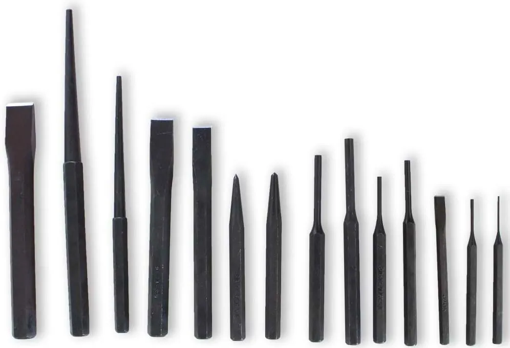 WEDGE 14 Piece Carbon Steel Punch & Chisel Set | Includes Brick, Center, Pin Punches, Chisels & Alignment | Marked Sizes Ranging From 1/16" x 4" to 3/4" x 6.5" | Precision in Every Job