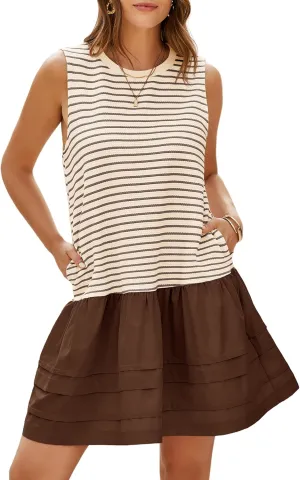Wenrine Womens Summer Tank Mini Dress Casual Striped Sleeveless Crewneck Constrast Patchwork Loose Dresses