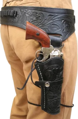 Western Cowboy Leather Revolver Holster Hip Gun Belt Holster for Pistol Revolver Hand Tooled .22 Cal Fit for 6 inch to 9 inch Barrel Secure Retention System