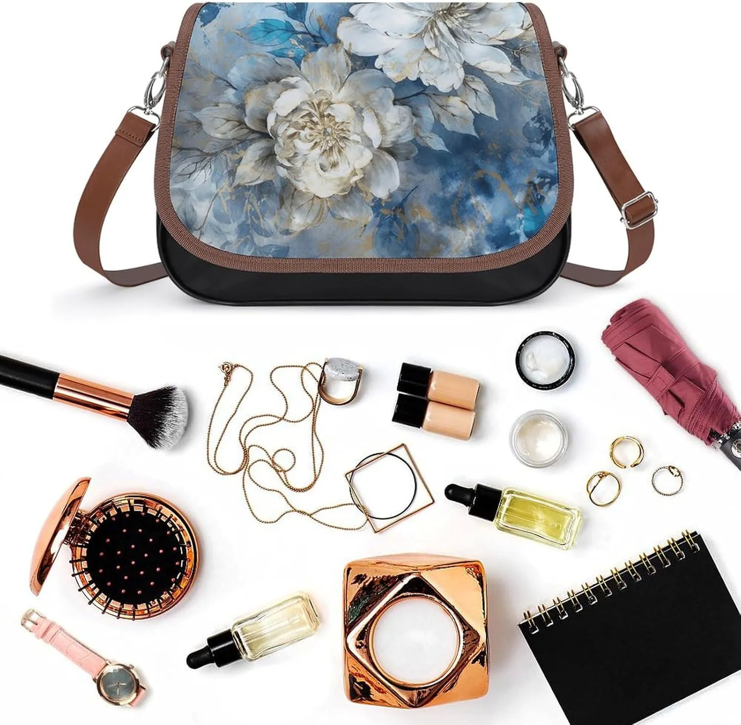 White Flowers Crossbody Bags for Women Travel Shoulder Bag Small Leather Cross Body Handbags
