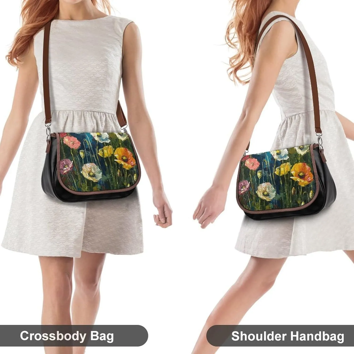 White Flowers Crossbody Bags for Women Travel Shoulder Bag Small Leather Cross Body Handbags