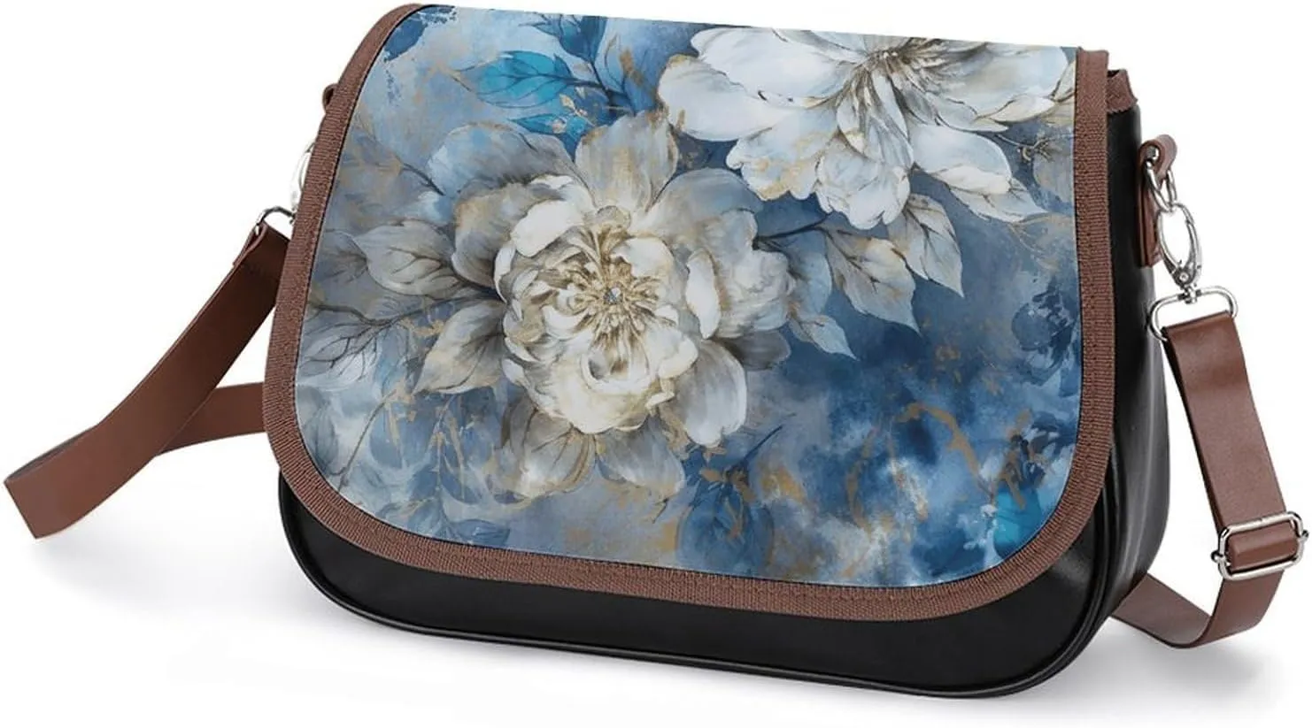 White Flowers Crossbody Bags for Women Travel Shoulder Bag Small Leather Cross Body Handbags