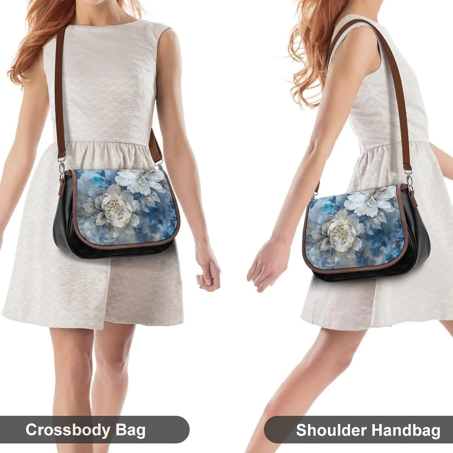 White Flowers Crossbody Bags for Women Travel Shoulder Bag Small Leather Cross Body Handbags
