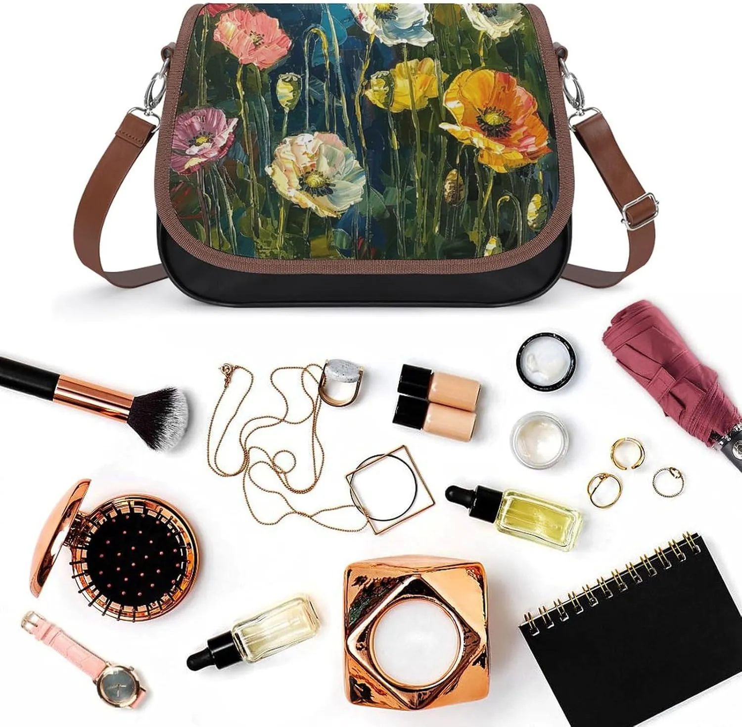 White Flowers Crossbody Bags for Women Travel Shoulder Bag Small Leather Cross Body Handbags