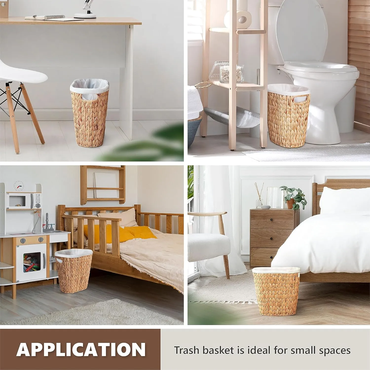 Wicker Trash Can Bathroom, Wicker Waste Basket with Built-in Handles, Handwoven Water Hyacinth Small Waste Basket, Rattan Waste Basket For Bedroom, Bathroom, Office, Living Room, Small Space 1 Pack