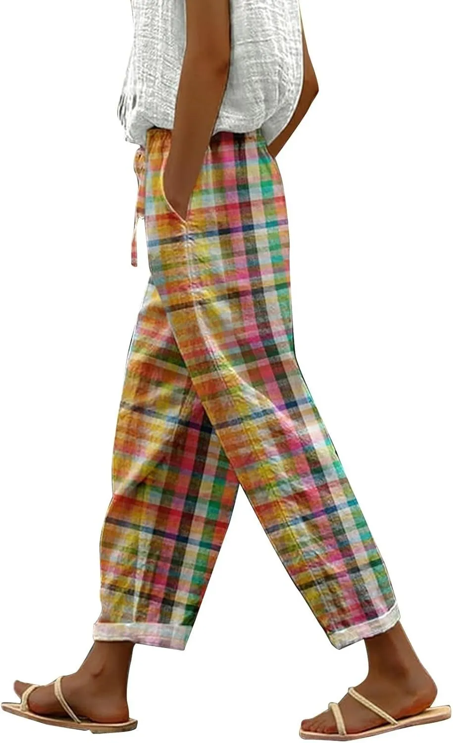Wide Leg Linen Pants for Women Check Stripes High Waist Baggy Pants Drawstring Straight Leg Casual Comfort Trousers