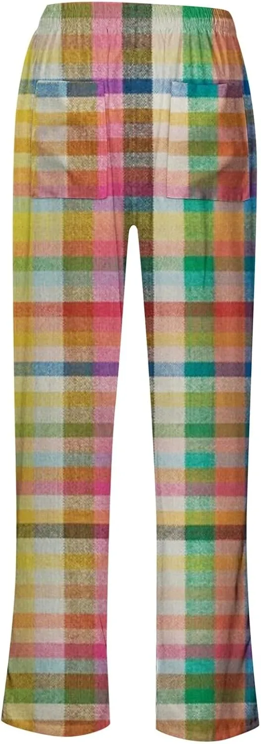 Wide Leg Linen Pants for Women Check Stripes High Waist Baggy Pants Drawstring Straight Leg Casual Comfort Trousers