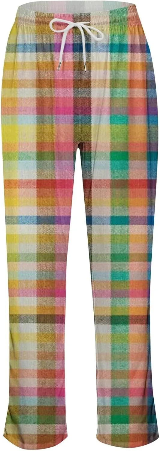 Wide Leg Linen Pants for Women Check Stripes High Waist Baggy Pants Drawstring Straight Leg Casual Comfort Trousers