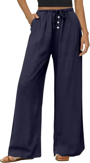 Wide Leg Linen Pants Women Drawstring High Waist Lightweight Palazzo Pants Lounge Boho Beach Flowy Trousers w/Pockets