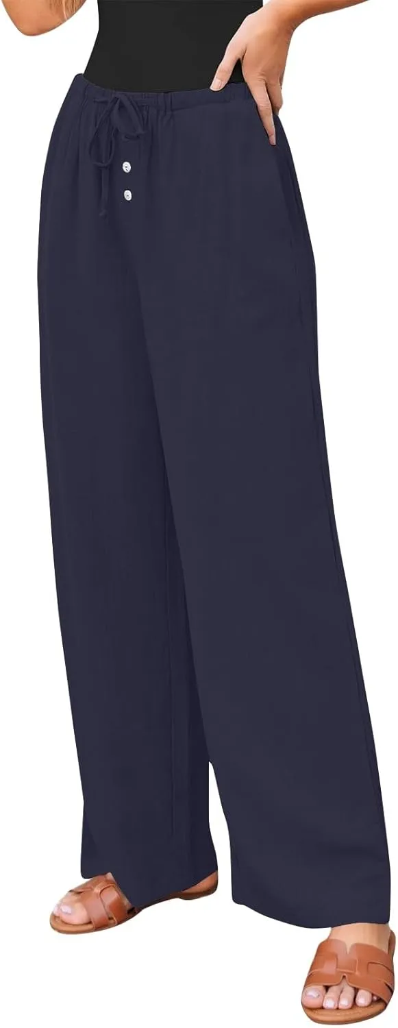 Wide Leg Linen Pants Women Drawstring High Waist Lightweight Palazzo Pants Lounge Boho Beach Flowy Trousers w/Pockets