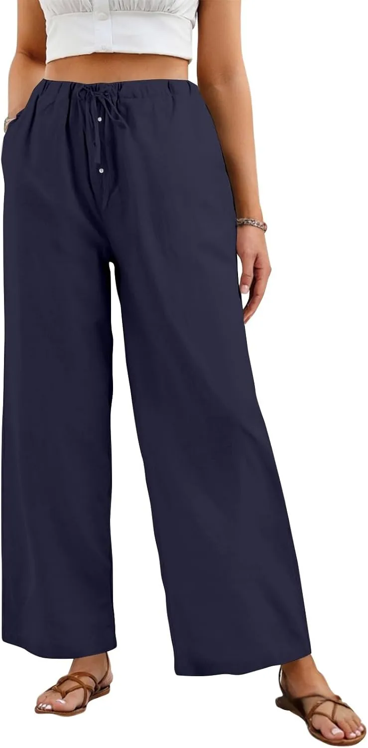 Wide Leg Linen Pants Women Drawstring High Waist Lightweight Palazzo Pants Lounge Boho Beach Flowy Trousers w/Pockets