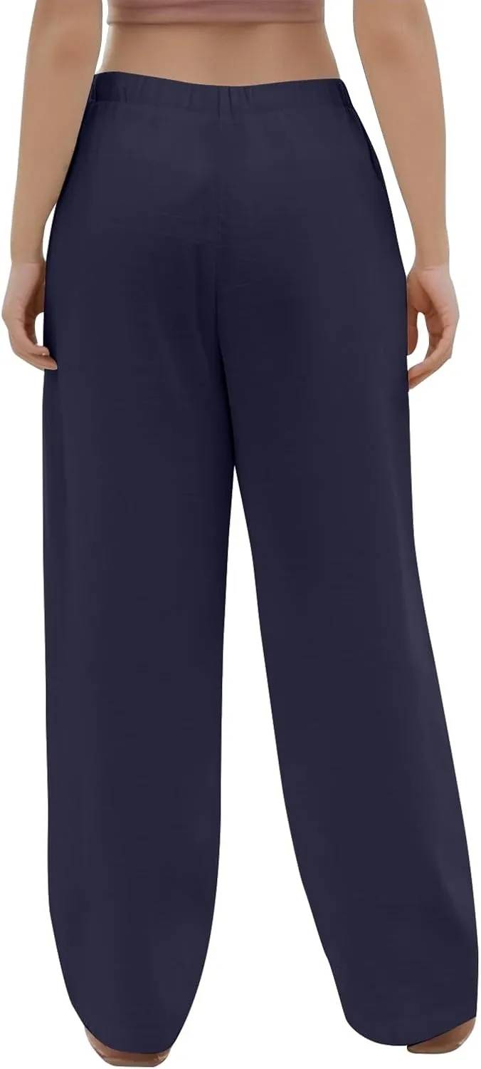 Wide Leg Linen Pants Women Drawstring High Waist Lightweight Palazzo Pants Lounge Boho Beach Flowy Trousers w/Pockets