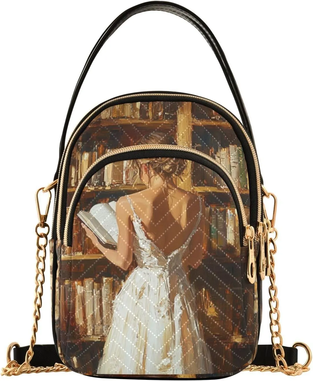Woman Reads Book Sepia Multi Pockets Crossbody Bags for Women Zip Cell Phone Purse Wallet Bag with Detachable Shoulder Strap Zipper Purse for Women Girls Trendy Gift Traveling Working Shopping