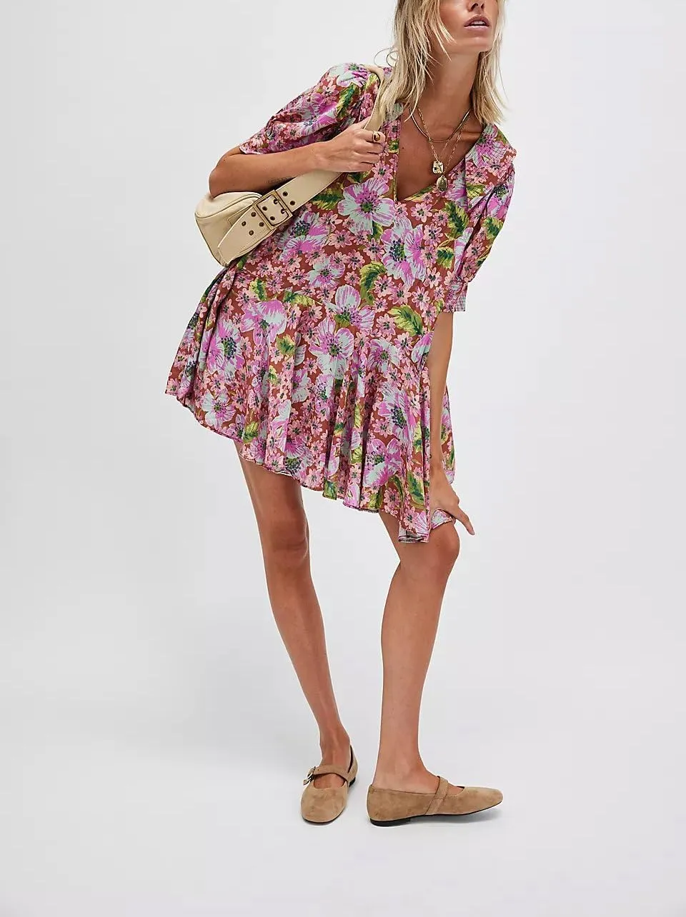 Women Boho Floral Babydoll Mini Dress Y2k Puff Sleeve Ruffle Flowy Short Dress Cute Summer V Neck Patchwork Dresses