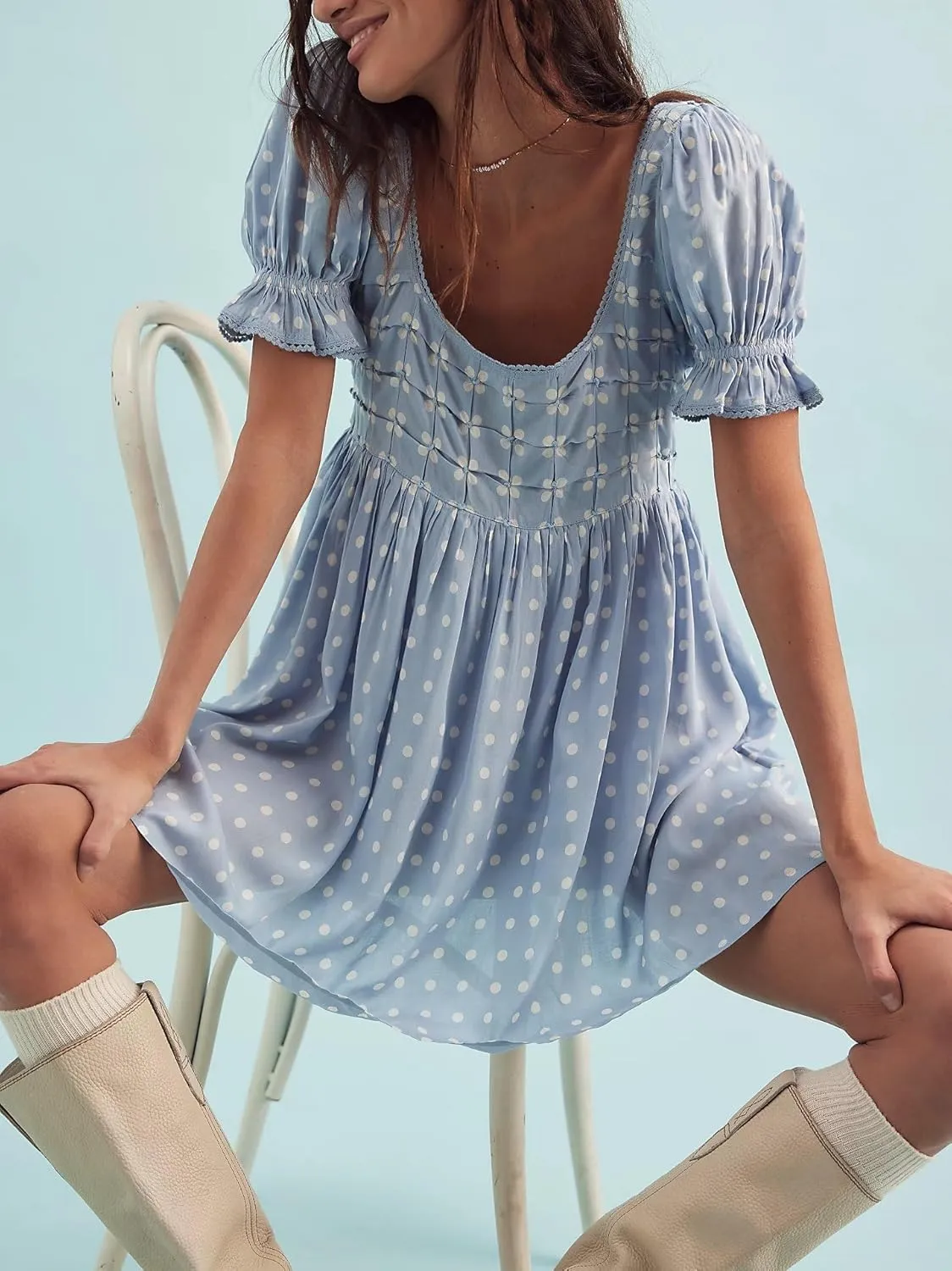 Women Boho Floral Babydoll Mini Dress Y2k Puff Sleeve Ruffle Flowy Short Dress Cute Summer V Neck Patchwork Dresses