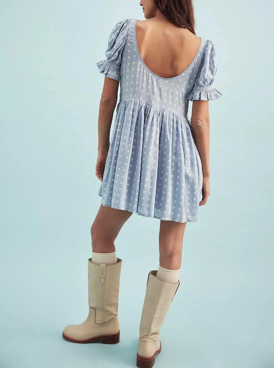 Women Boho Floral Babydoll Mini Dress Y2k Puff Sleeve Ruffle Flowy Short Dress Cute Summer V Neck Patchwork Dresses