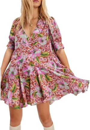 Women Boho Floral Babydoll Mini Dress Y2k Puff Sleeve Ruffle Flowy Short Dress Cute Summer V Neck Patchwork Dresses