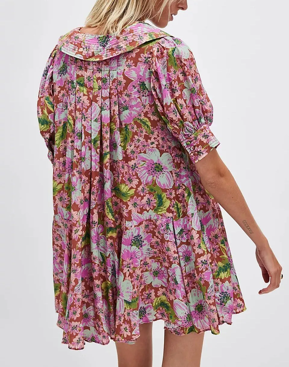 Women Boho Floral Babydoll Mini Dress Y2k Puff Sleeve Ruffle Flowy Short Dress Cute Summer V Neck Patchwork Dresses