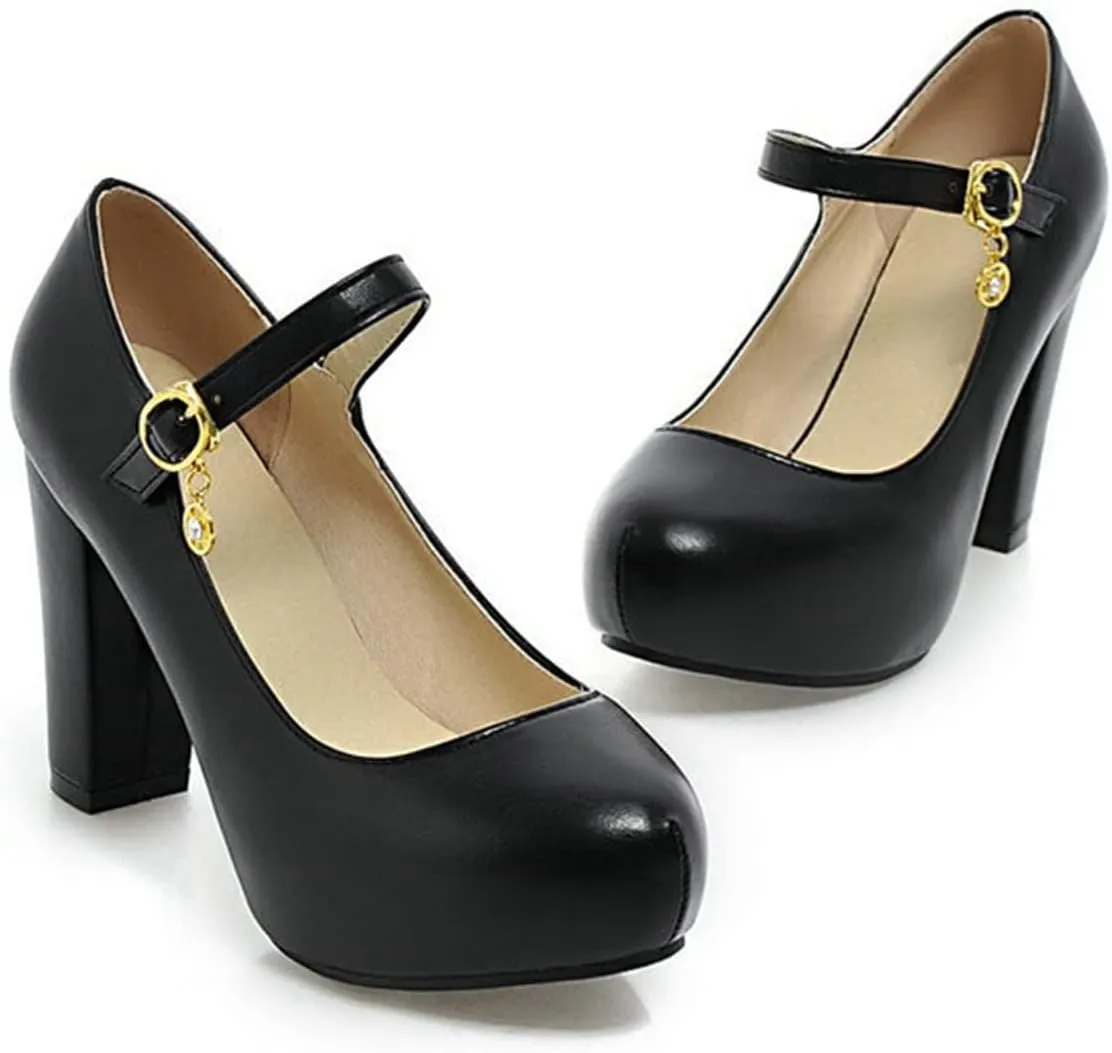 Women Chunky High Heel Dress Shoes Round Toe Ankle Strap Mary Jane Comfy Platform Office Party Pumps
