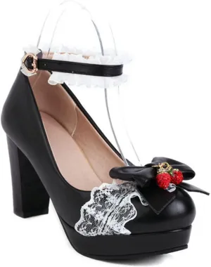 Women Chunky High Heel Lolita Shoes Round Toe Ankle Strap Bowknot Sweet Maid Platform Dress Pumps