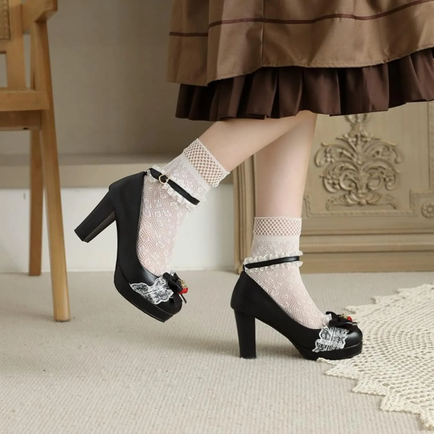 Women Chunky High Heel Lolita Shoes Round Toe Ankle Strap Bowknot Sweet Maid Platform Dress Pumps