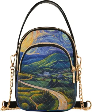 Women Crossbody Handbag Village Path in Starry Night Oil Painting Quilted Chain Bag