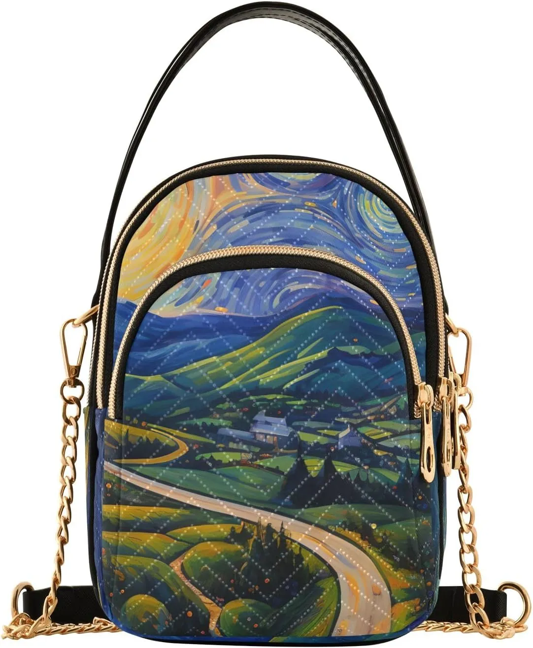 Women Crossbody Handbag Village Path in Starry Night Oil Painting Quilted Chain Bag